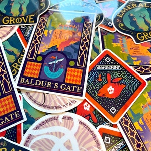 May include: A collection of colorful stickers featuring various locations and landmarks from the Dungeons & Dragons universe. The stickers feature illustrations of a city skyline, a mushroom with a skull, and a forest scene with a grove.