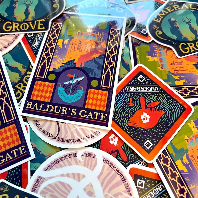 May include: A collection of colorful stickers featuring various locations and landmarks from the Dungeons & Dragons universe. The stickers feature illustrations of a city skyline, a mushroom with a skull, and a forest scene with a grove.