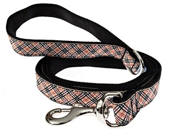 Tan, Black, and Red Plaid Handmade Nylon Webbing Dog Leash With D-Ring