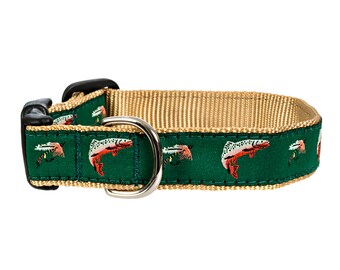 Colorado Fly Fishing Green & Tan Salmon Trout Fish Handmade Dog Collar With Side-Release Plastic Buckle