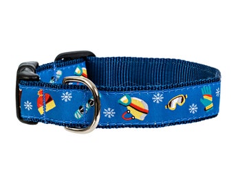 Winter Sports Snowboard Ski Colorado Blue Handmade Dog Collar With Side-Release Plastic Buckle