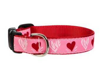 Love Hearts Valentine's Day Red & Pink Handmade Dog Collar With Side-Release Plastic Buckle