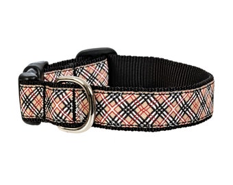 Tan, Black, and Red Plaid Handmade Dog Collar With Side-Release Plastic Buckle