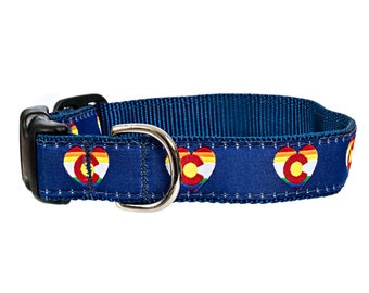 Colorado Flag Rainbow Hearts Navy Blue Pride Handmade Dog Collar With Side-Release Plastic Buckle