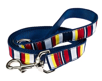 Colorado Flag Stripes Navy Blue, Red, Yellow, & White Handmade Nylon Webbing Dog Leash With D-Ring