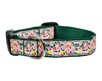 Spring Garden Floral Flowers Green Handmade Dog Collar With Side-Release Plastic Buckle