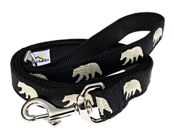 Gold Glitter Bear & Black Handmade Nylon Webbing Dog Leash With D-Ring