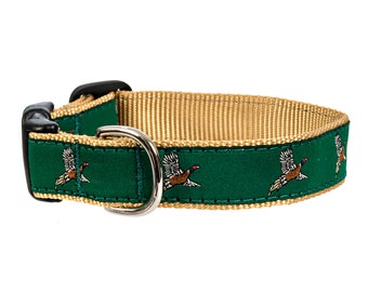 Pheasant Bird Green and Tan Hunting Handmade Dog Collar With Side-Release Plastic Buckle