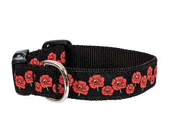 Poppies Floral Flowers Red & Black Handmade Dog Collar With Side-Release Plastic Buckle