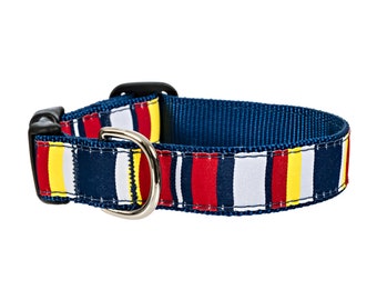 Colorado Flag Stripes Navy Blue, Red, Yellow, & White Handmade Dog Collar With Side-Release Plastic Buckle