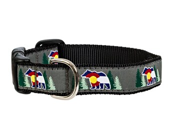 Colorado Flag Bear & Pine Trees Black Gray Outdoorsy Handmade Dog Collar With Side-Release Plastic Buckle