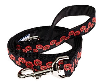 Poppies Floral Flowers Red & Black Veterans Handmade Nylon Webbing Dog Leash With D-Ring