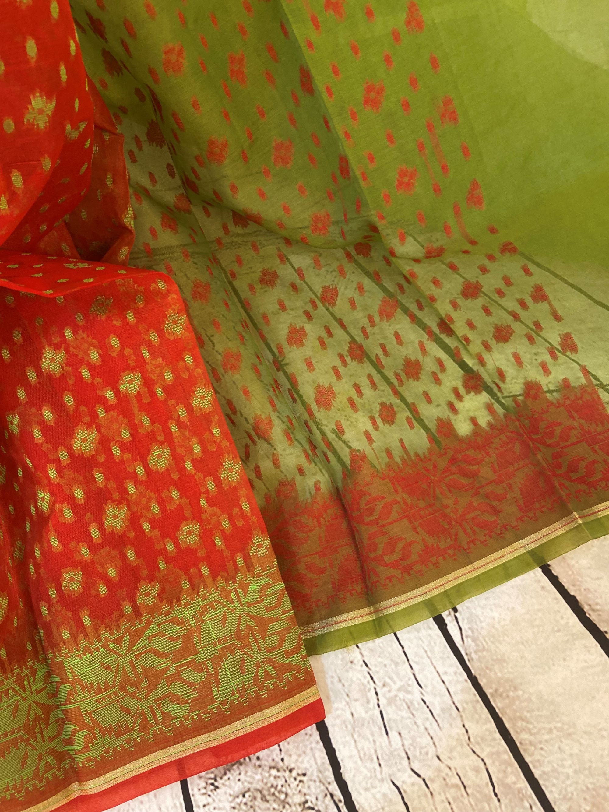 Half Silk Dhakai Jamdani Saree In Olive Green And Red Casual Etsy India