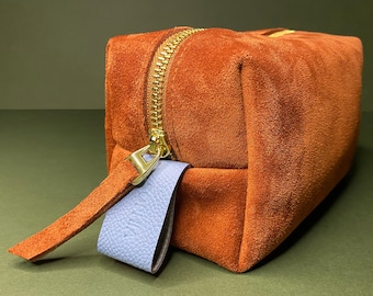 Toffee Suede Cosmetic Pouch: Baby Blue Leather Detail