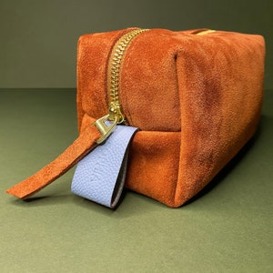 Toffee Suede Cosmetic Pouch: Baby Blue Leather Detail