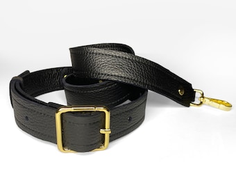 Adjustable Black Pebble Leather Bag Strap with Golden Hardware