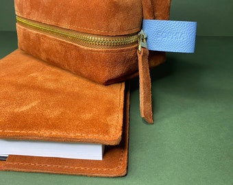 Suede Toiletry Bag & Leather Notebook Set: Personalized Journal