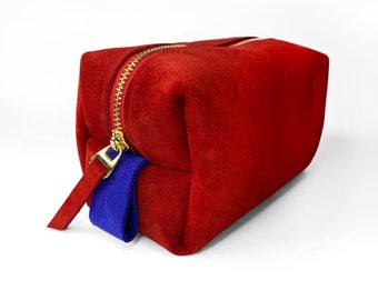 Red Suede Cosmetic Pouch: Leather Detail Toiletry Bag