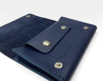 Navy Leather Trucker Wallet: Slim Bifold with Coin Purse