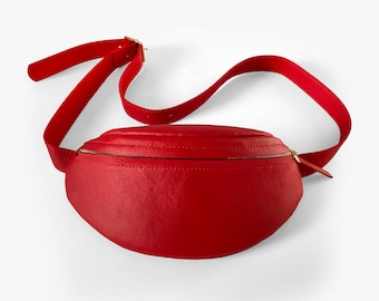 Ruby Red Leather Belt Bag: Suede Fanny Pack Crossbody