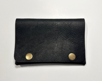 Small Black Leather Wallet: Unisex Card Holder with Gold Buttons