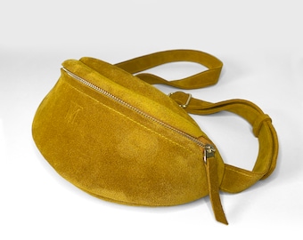 Suede Belt Bag: Golden Yellow Leather Fanny Pack, Crossbody Bag