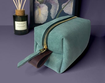 Tiffany Blue Suede Cosmetic Pouch with Leather Detail