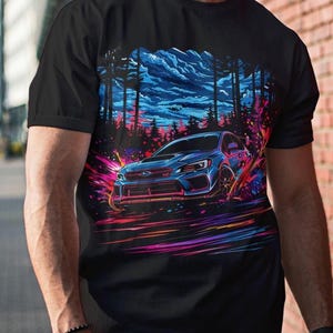 Vibrant Racing Subaru Impreza WRX STI black Neon Colors t-shirt, unisex casual streetwear, ideal gift for motorsport fans Rally Car tee
