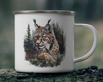 Lynx Enamel Mug: Pine Forest Wildlife Art, Hiker Gift