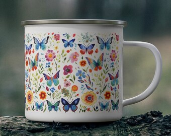 Enamel Butterfly Flower Mug: Stainless Steel Camping Cup