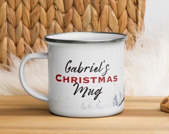 Personalized Christmas Enamel Mug: Snowy Forest MTB Design