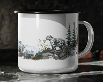 Snow Leopard Enamel Mug: Snowy Mountains Art, Camping Hiking Gift