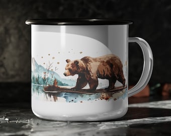 Mountain Bear Enamel Coffee Mug: Boho Watercolor Campfire Cup