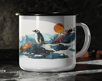 Boho Penguin Enamel Coffee Mug: Antarctic Sunrise, Outdoor Adventure