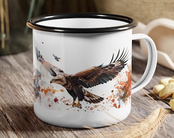 Eagle Watercolor Camping Mug: Boho Chic Enamel Beverage Holder