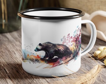 Badger Camping Mug: Colorful Wildlife Design, Enamel Coffee Cup