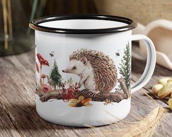 Kids Hedgehog Enamel Mug: Boho Amanita Mushroom Campfire Cup