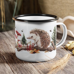 Kids Hedgehog Enamel Mug: Boho Amanita Mushroom Campfire Cup