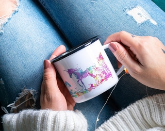 Taza Unicornio Bosque Encantado: Taza de café y té esmaltada vibrante
