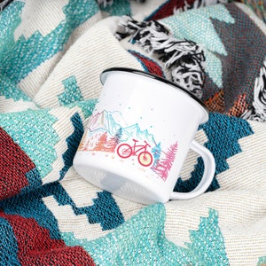 Personalized Enamel MTB Mug: Neon Forest Bicycle Design