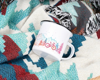 Personalized Enamel MTB Mug: Neon Forest Bicycle Design