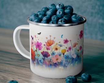Flower Field Enamel Mug: Colorful Camping Coffee Cup