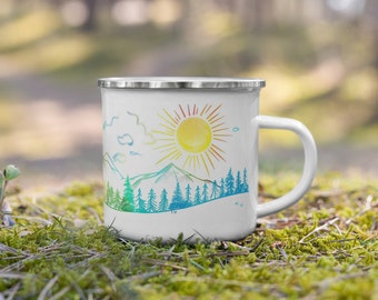 Neon Sunshine Enamel Camping Mug: Mountain Wilderness Design