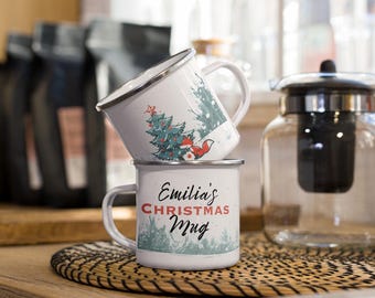 Personalized Fox Christmas Mug: Enamel Holiday Cup