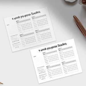 May include: Two black and white printable 4-week progress trackers. Each tracker has four sections labelled "Week 1", "Week 2", "Week 3", and "Week 4". Each section has a grid of circles for tracking progress.