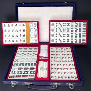 Antike japanische Bambus Mahjong, Mah Jong Tile Set, Blaue Samt tragbare Case Tile, Japan Vintage Handelsspiel, Einzigartiges leeres Tile-Muster