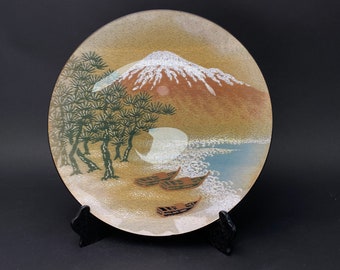 Glass Trinket Textile Infused Decor，Plate with Wood Stand,  Decorative Plate table decor W14.3", Japan Vintage