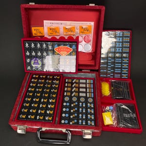 RARE Riichi Mahjong, japanische RVC Mah Jong, unbenutzte, schwarze Fliesen, Showa Ära, antike Mahjong Tile Mvc, tragbare Tasche aus rotem Samt