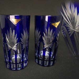 PAIR Japanese Edo Kiriko Glass slim Cups, Japan Blue Glass Cup, Traditional Craft sculpture TEACUP 2pcs