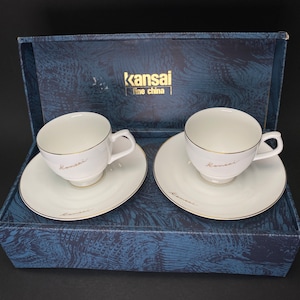 Pair Kansai Cups and Saucers with gold trim, fine china, in gift Box, Japanese Porcelain, Mint Vintage Coffee set